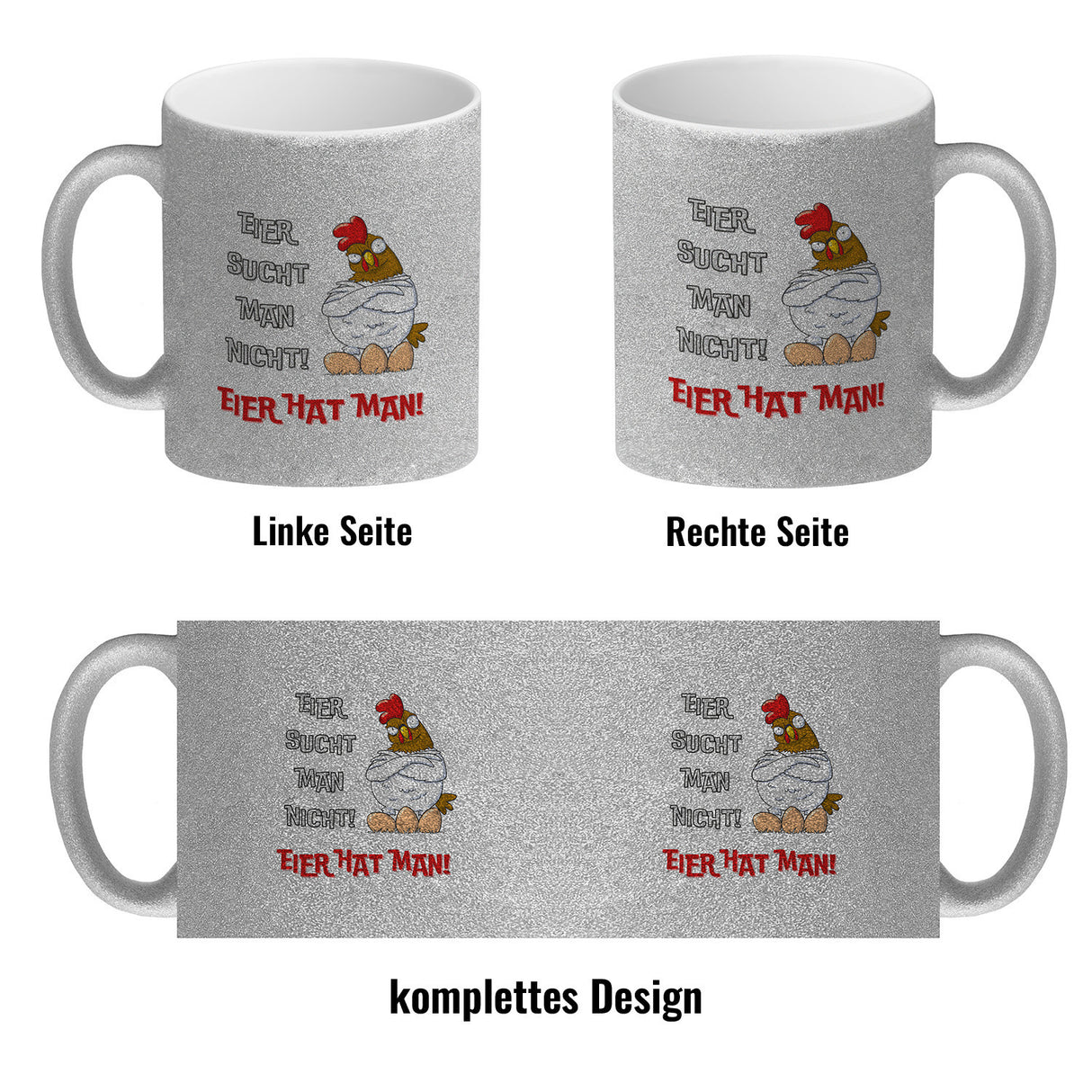 Huhn Kaffeebecher mit Spruch Eier sucht man nicht Eier hat man