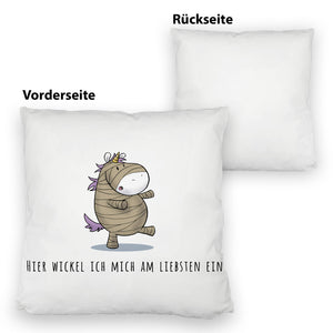 Einhorn-Mumie Kissen mit Spruch Hier wickel ich mich am liebsten ein