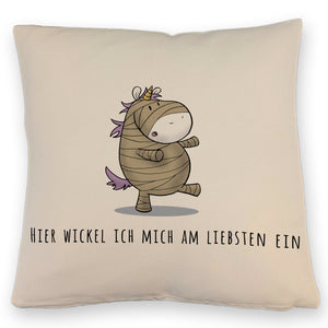 Einhorn-Mumie Kissen mit Spruch Hier wickel ich mich am liebsten ein