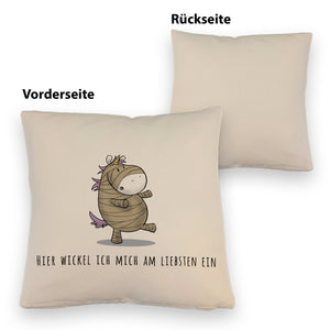 Einhorn-Mumie Kissen mit Spruch Hier wickel ich mich am liebsten ein