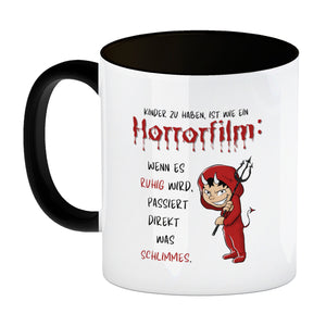 Teufelchen Kaffeebecher mit Spruch Kinder zu haben ist wie ein Horrorfilm