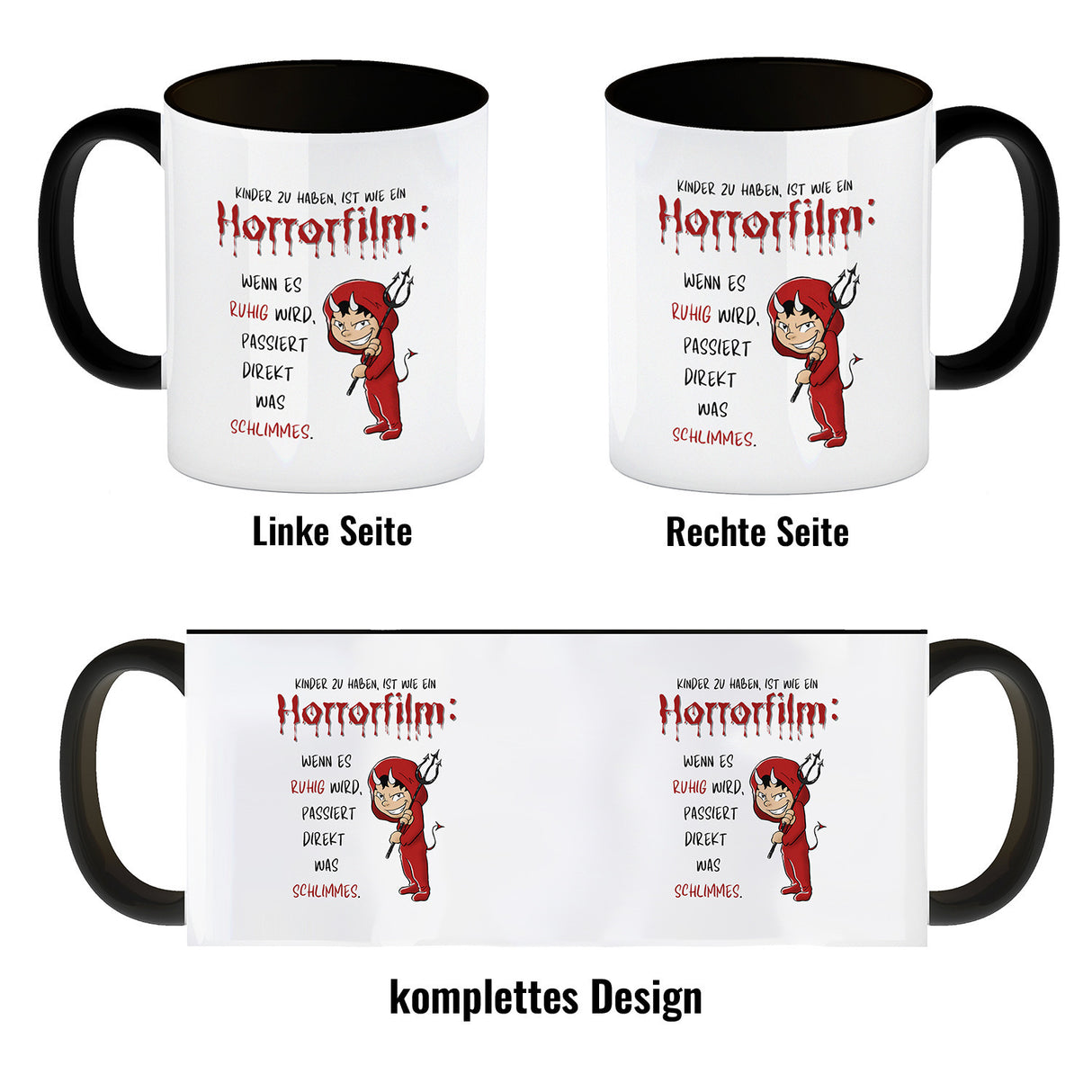 Teufelchen Kaffeebecher mit Spruch Kinder zu haben ist wie ein Horrorfilm