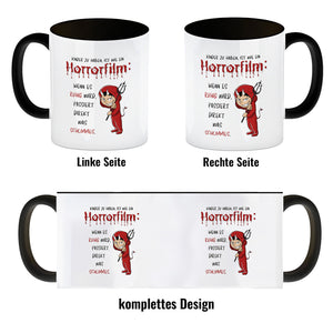 Teufelchen Kaffeebecher mit Spruch Kinder zu haben ist wie ein Horrorfilm