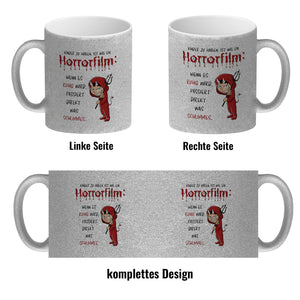 Teufelchen Kaffeebecher mit Spruch Kinder zu haben ist wie ein Horrorfilm