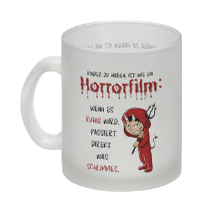 Teufelchen Kaffeebecher mit Spruch Kinder zu haben ist wie ein Horrorfilm