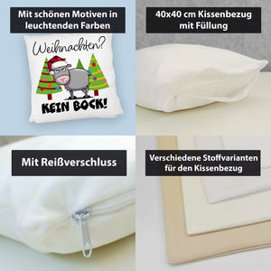 Ziegenbock mit Zipfelmütze Kissen mit Spruch Weihnachten? Kein Bock