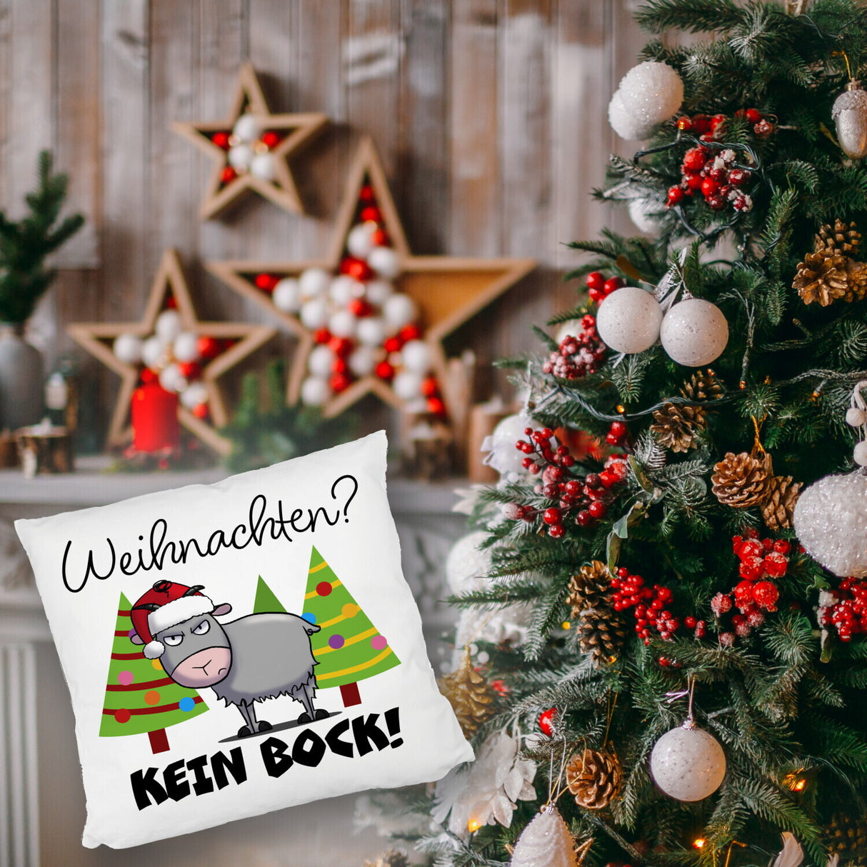 Ziegenbock mit Zipfelmütze Kissen mit Spruch Weihnachten? Kein Bock