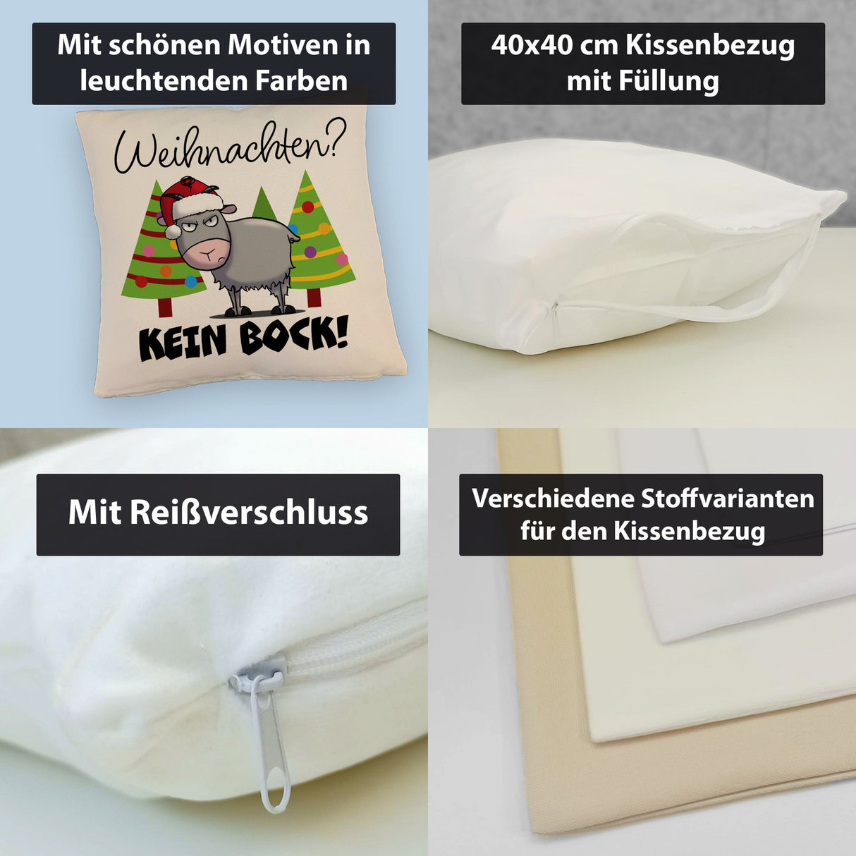 Ziegenbock mit Zipfelmütze Kissen mit Spruch Weihnachten? Kein Bock