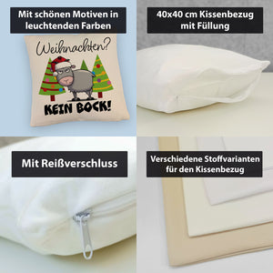 Ziegenbock mit Zipfelmütze Kissen mit Spruch Weihnachten? Kein Bock