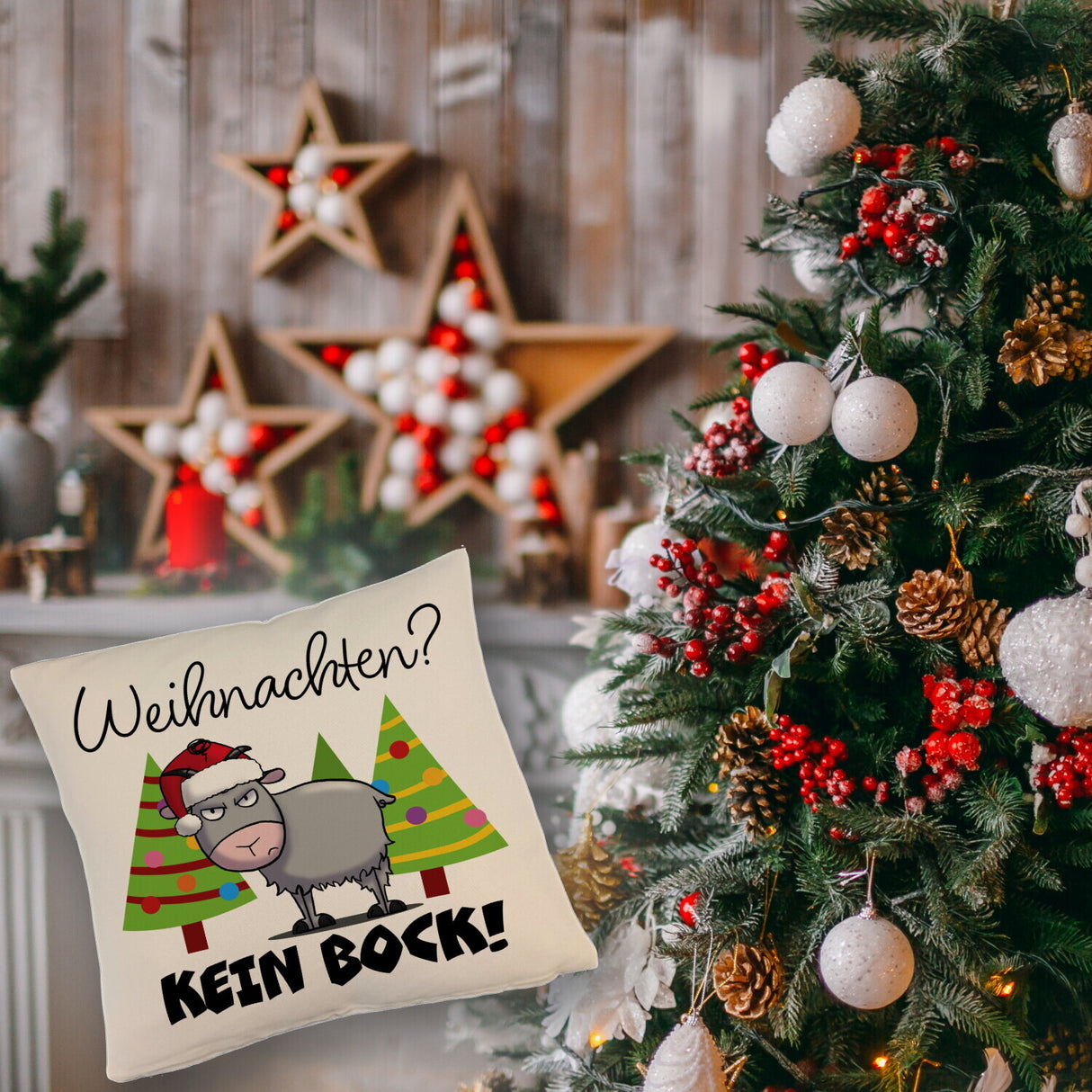 Ziegenbock mit Zipfelmütze Kissen mit Spruch Weihnachten? Kein Bock