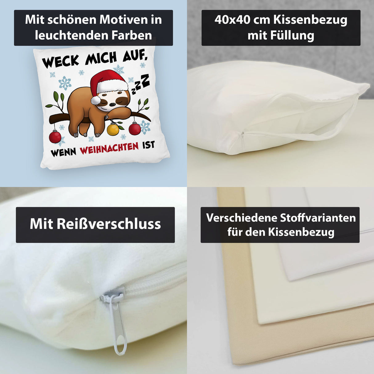 Faultier mit Zipfelmütze Kissen mit Spruch Wecken wenn Weihnachten ist