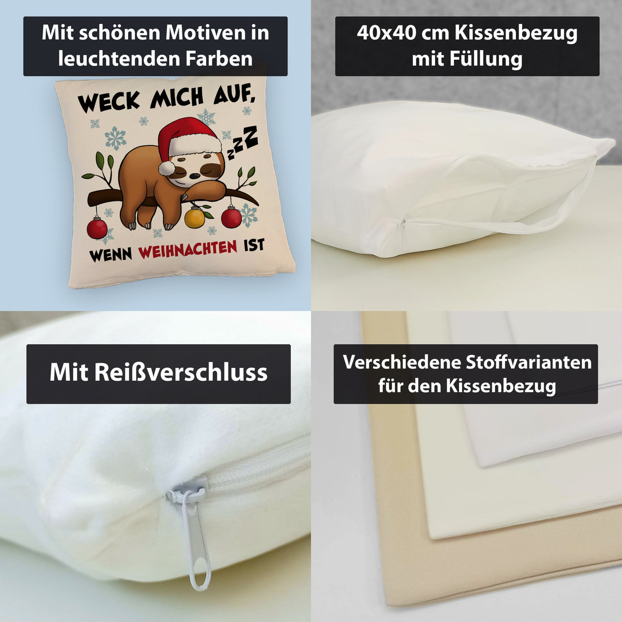 Faultier mit Zipfelmütze Kissen mit Spruch Wecken wenn Weihnachten ist
