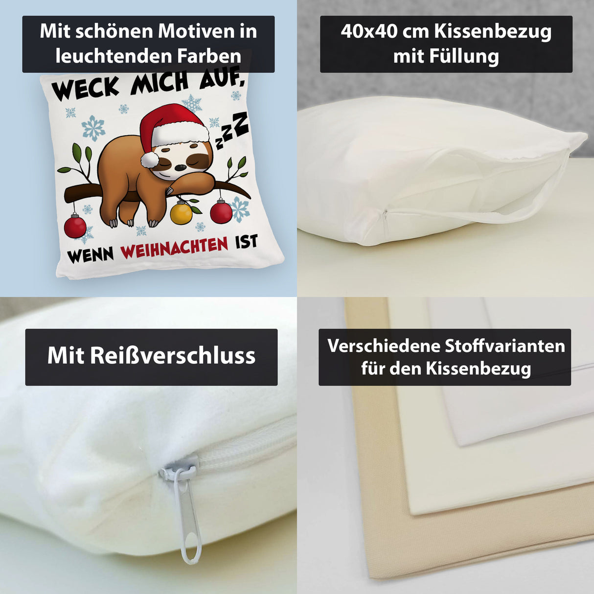 Faultier mit Zipfelmütze Kissen mit Spruch Wecken wenn Weihnachten ist