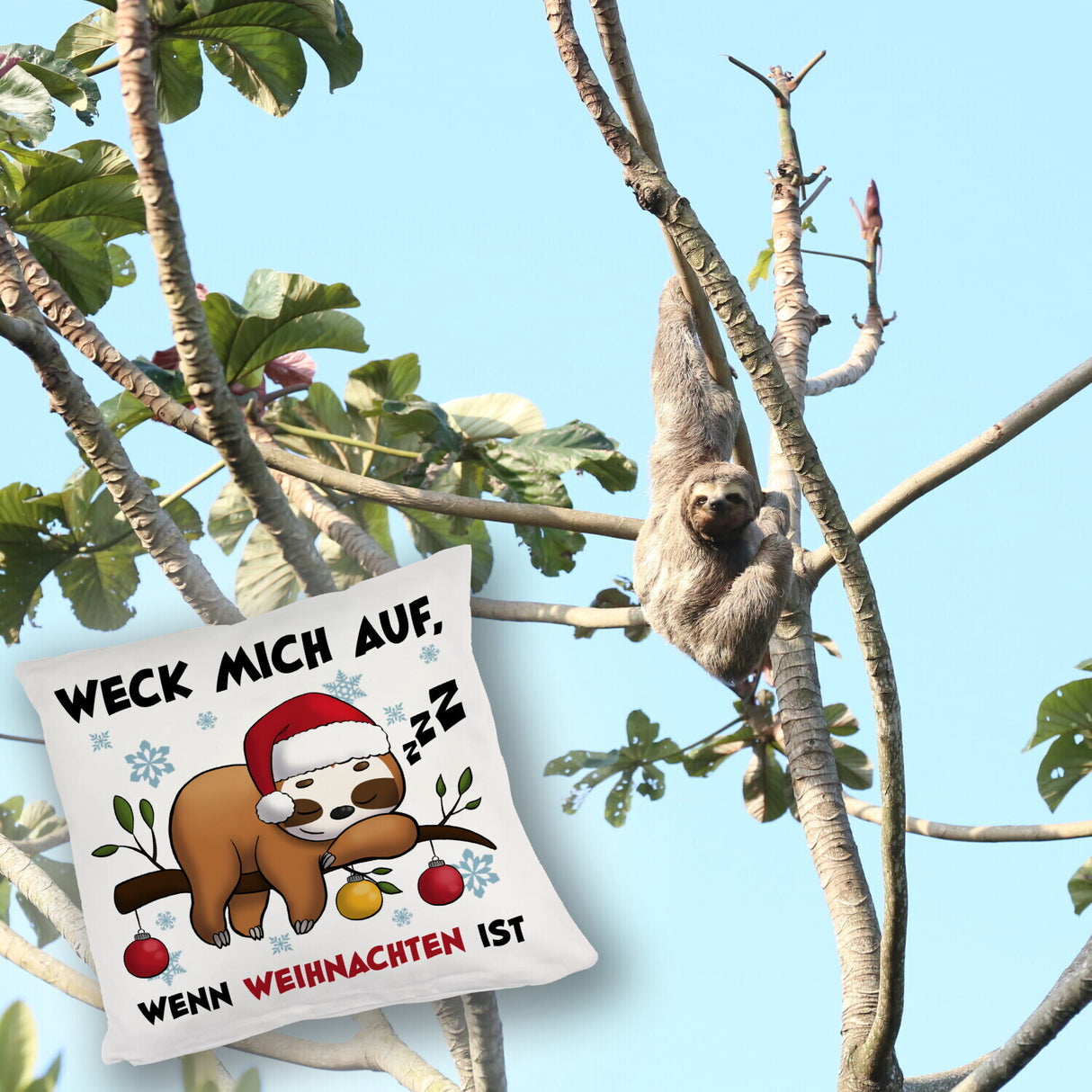 Faultier mit Zipfelmütze Kissen mit Spruch Wecken wenn Weihnachten ist