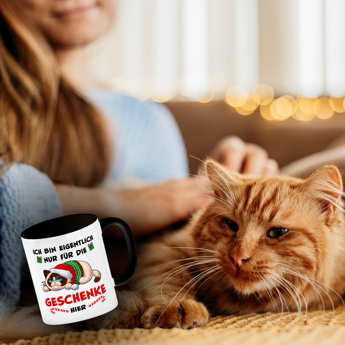 Grimmige Katze Kaffeebecher mit Spruch nur für die Geschenke hier