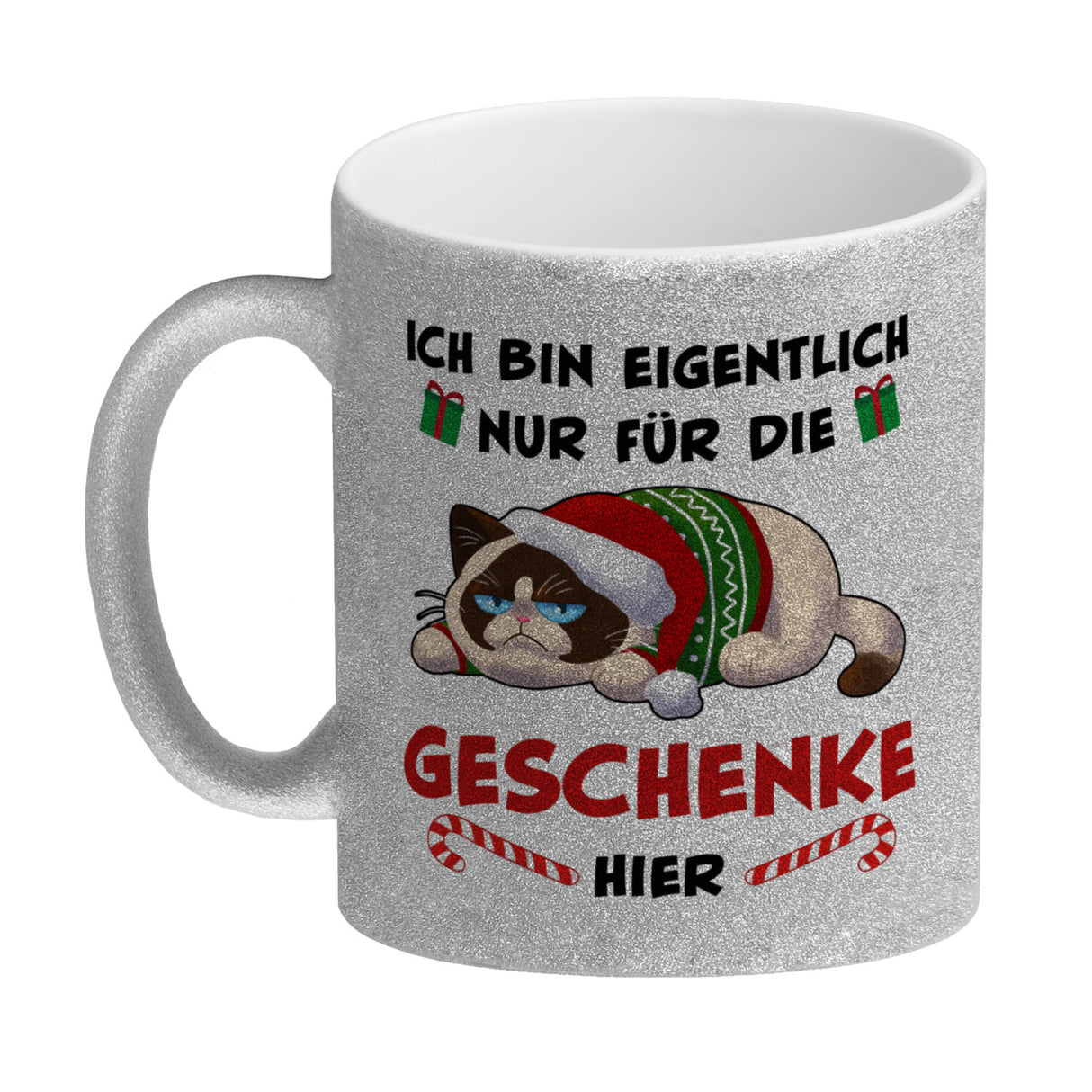 Grimmige Katze Kaffeebecher mit Spruch nur für die Geschenke hier