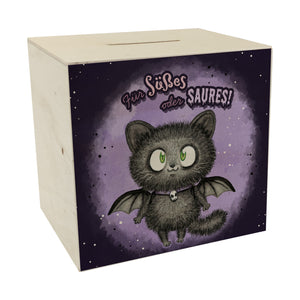 Schwarze Fledermaus-Katze Spardose mit Spruch Für Süßes oder Saures