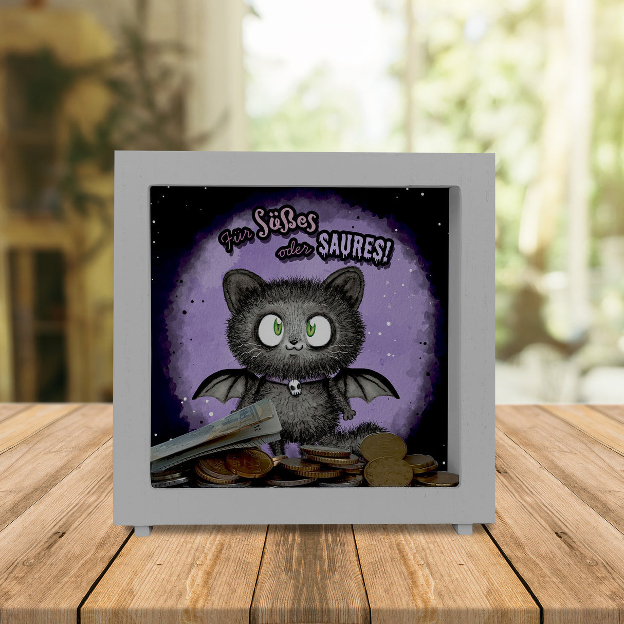Schwarze Fledermaus-Katze Spardose mit Spruch Für Süßes oder Saures