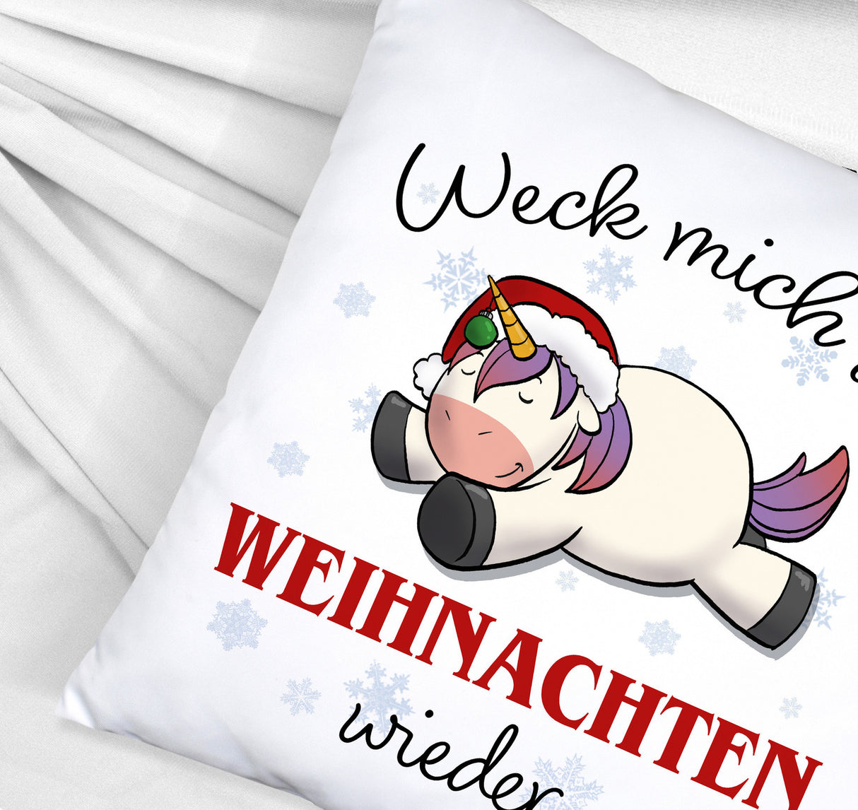 Weihnachts-Einhorn Kissen mit Spruch Weck mich an Weihnachten wieder