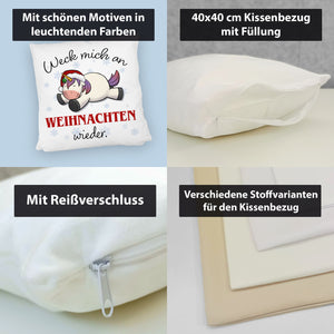 Weihnachts-Einhorn Kissen mit Spruch Weck mich an Weihnachten wieder