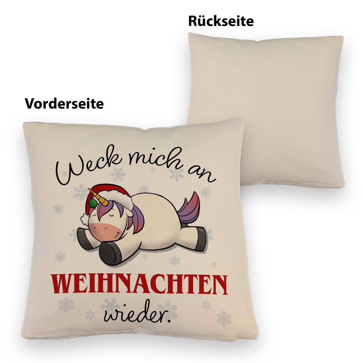 Weihnachts-Einhorn Kissen mit Spruch Weck mich an Weihnachten wieder