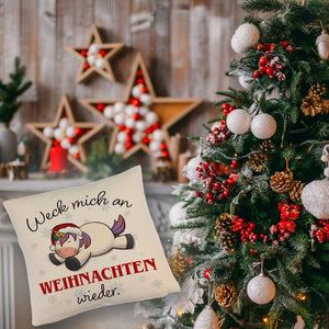 Weihnachts-Einhorn Kissen mit Spruch Weck mich an Weihnachten wieder