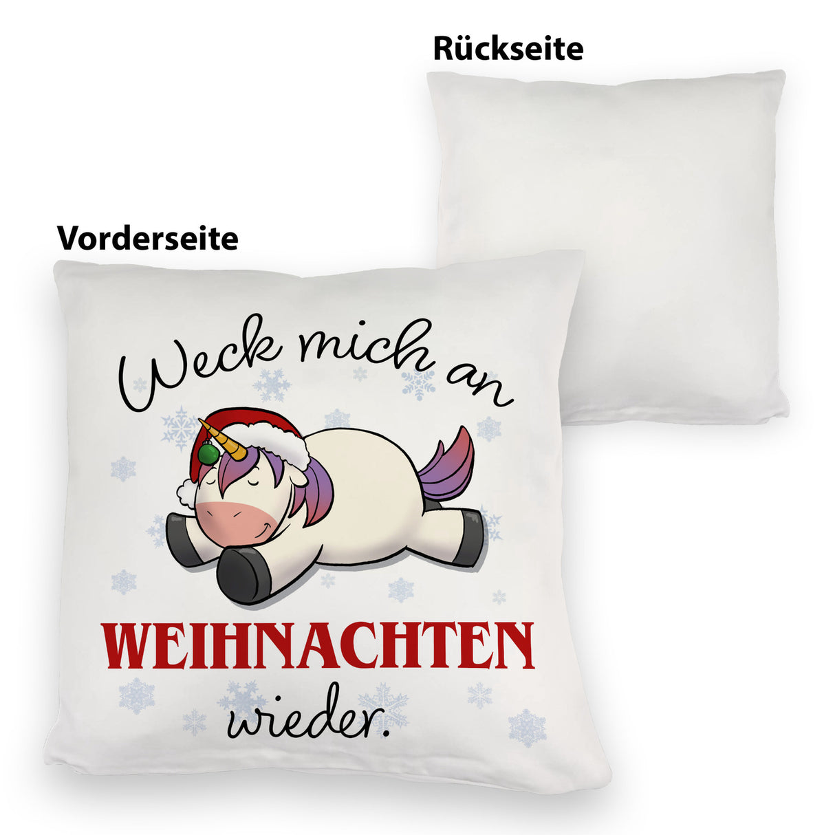 Weihnachts-Einhorn Kissen mit Spruch Weck mich an Weihnachten wieder