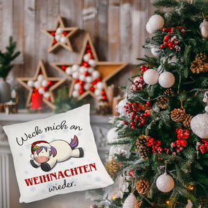 Weihnachts-Einhorn Kissen mit Spruch Weck mich an Weihnachten wieder