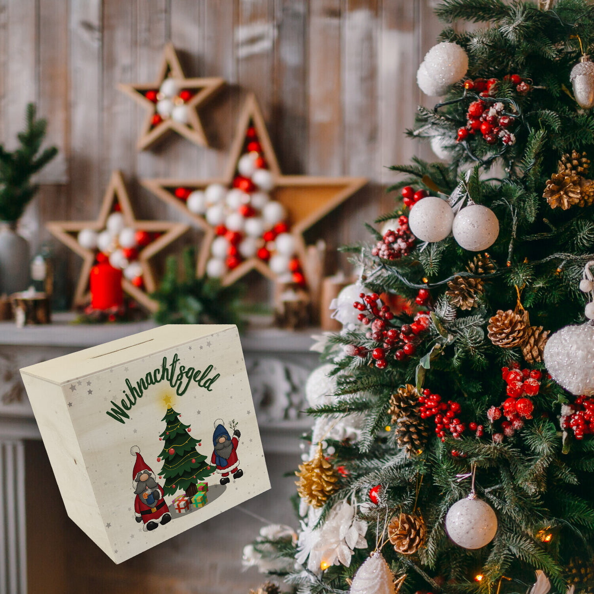 Weihnachtsgeld Spardose mit zwei niedlichen Weihnachtswichteln