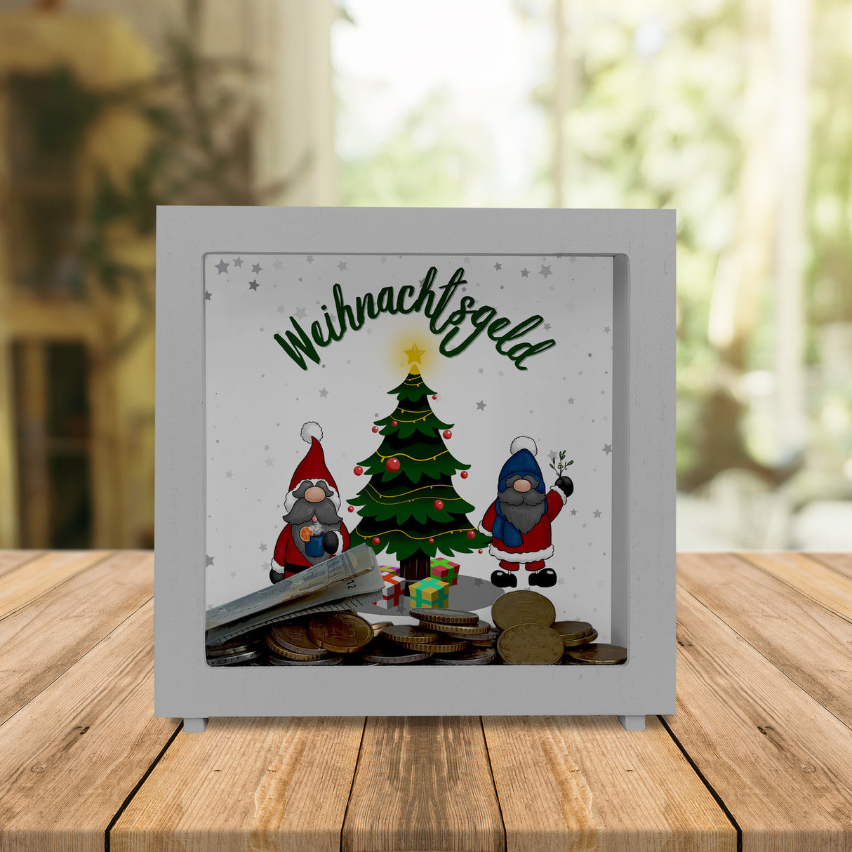 Weihnachtsgeld Spardose mit zwei niedlichen Weihnachtswichteln