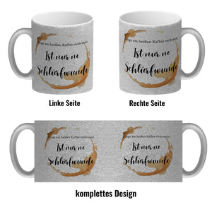 Kaffeefleck Kaffeebecher mit Spruch Zunge am heißen Kaffee verbrannt