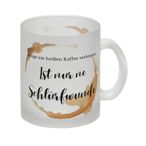 Kaffeefleck Kaffeebecher mit Spruch Zunge am heißen Kaffee verbrannt