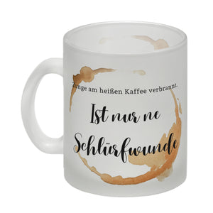 Kaffeefleck Kaffeebecher mit Spruch Zunge am heißen Kaffee verbrannt
