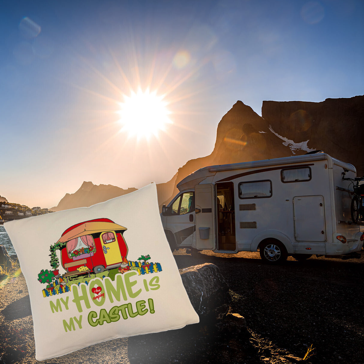 Wohnwagen Kissen mit Spruch My Home is my castle! I love camping