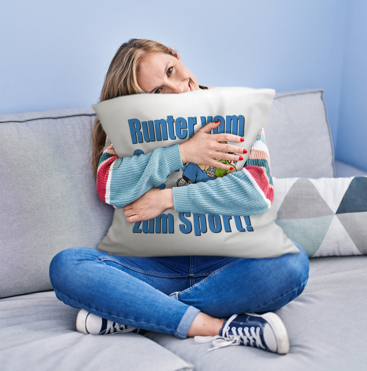 Auf zum Sport! Motivations Kissen mit Text und Spruch