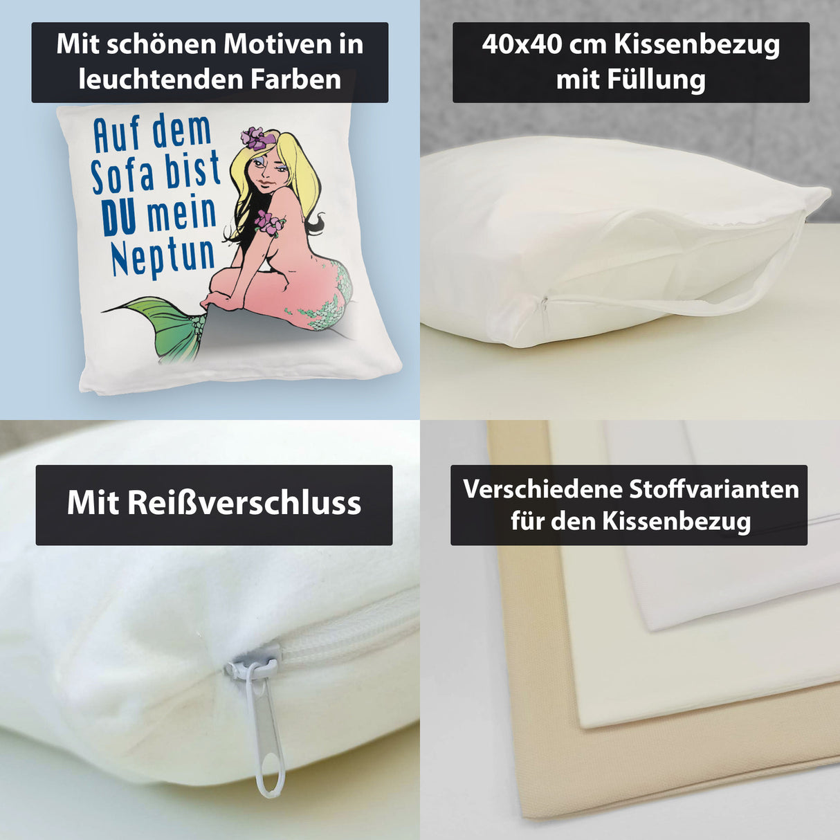 Meerjungfrau Kissen mit Spruch Auf dem Sofa bist du mein Neptun