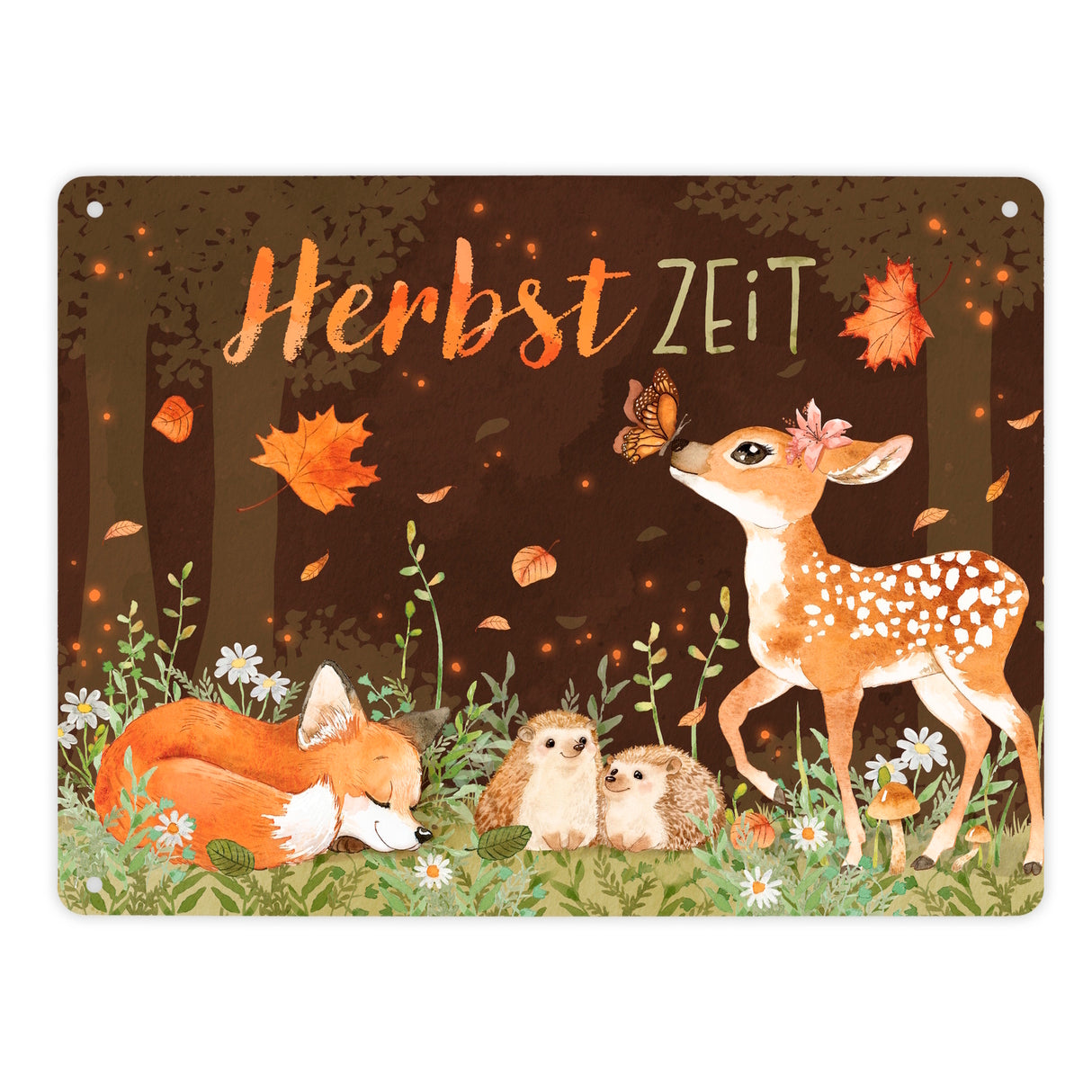 Tiere des Waldes Metallschild in 15x20 cm mit Spruch Herbstzeit