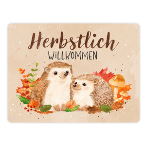 Igel Paar Metallschild in 15x20 cm mit Spruch Herbstlich Willkommen
