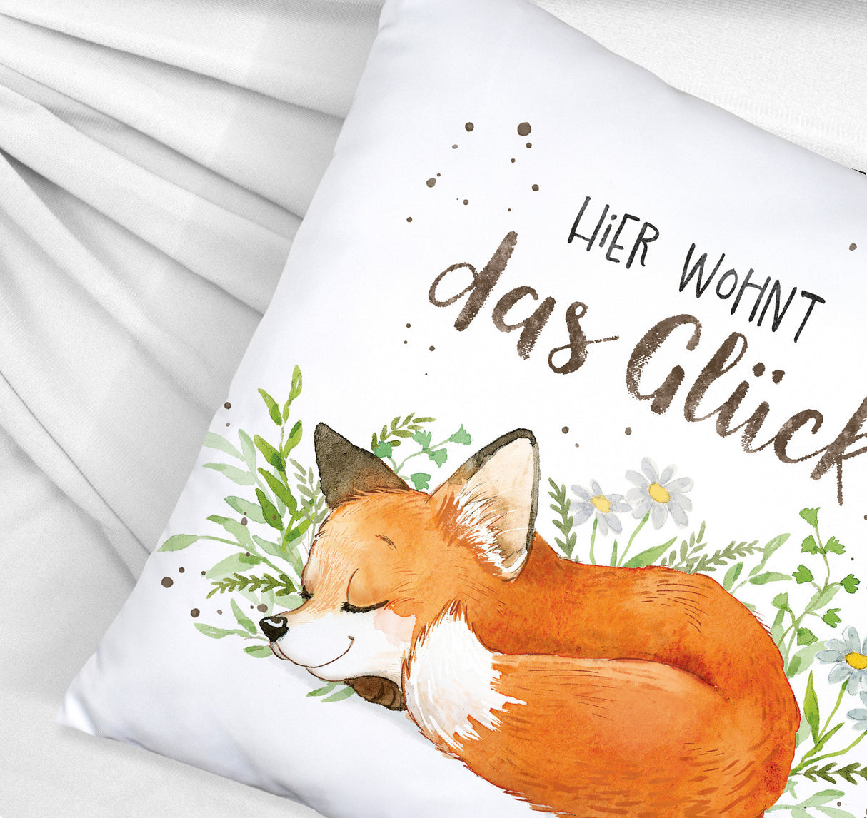 Hier wohnt das Glück Kissen mit Fuchs im Aquarell-Stil