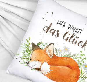 Hier wohnt das Glück Kissen mit Fuchs im Aquarell-Stil