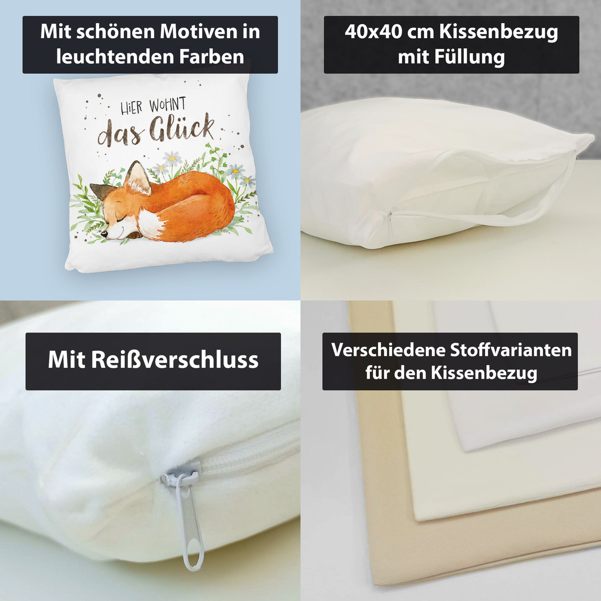 Hier wohnt das Glück Kissen mit Fuchs im Aquarell-Stil