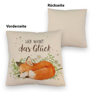 Hier wohnt das Glück Kissen mit Fuchs im Aquarell-Stil