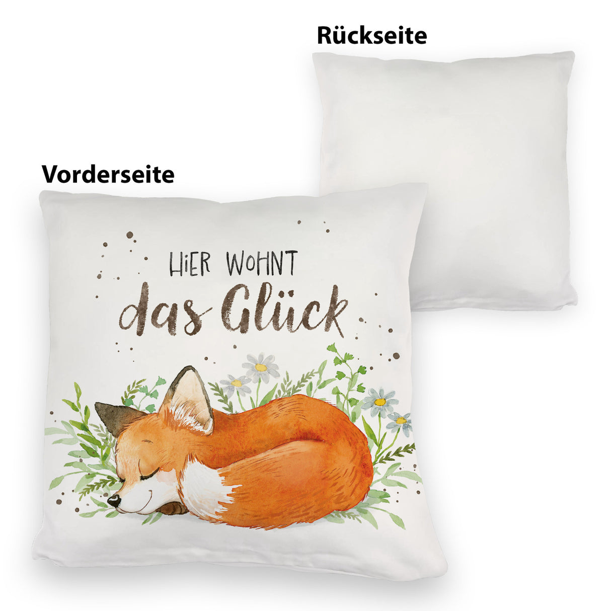 Hier wohnt das Glück Kissen mit Fuchs im Aquarell-Stil