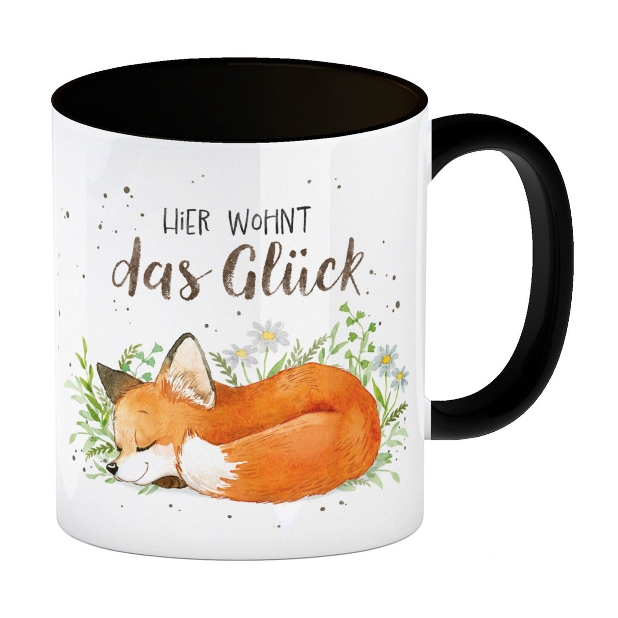 Hier wohnt das Glück Kaffeebecher mit Fuchs im Aquarell-Stil