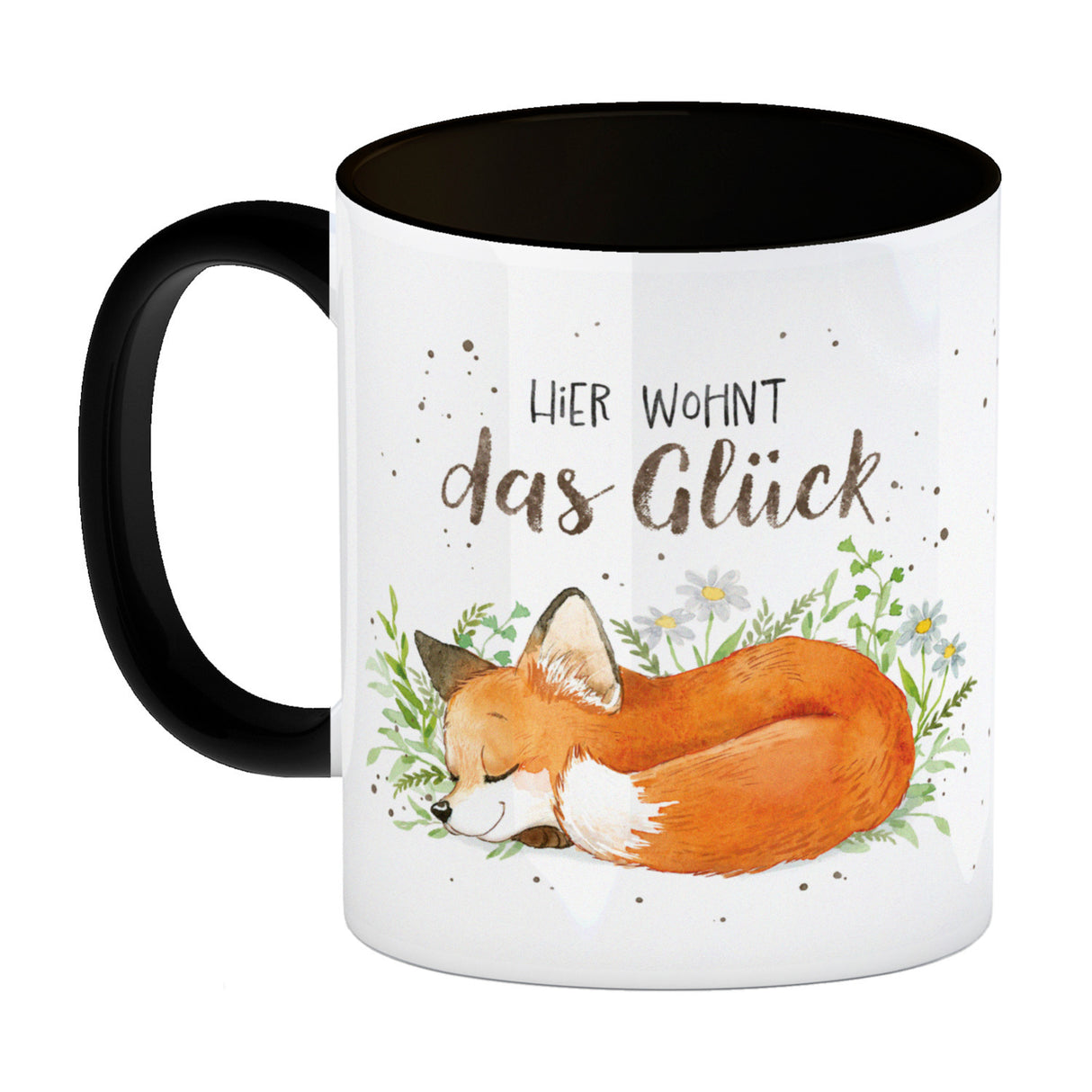 Hier wohnt das Glück Kaffeebecher mit Fuchs im Aquarell-Stil