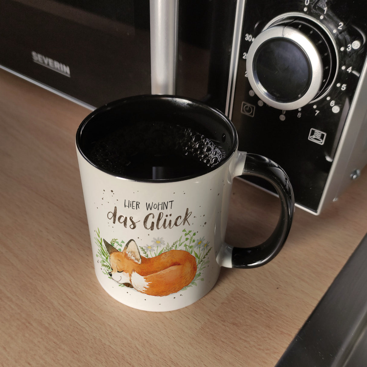 Hier wohnt das Glück Kaffeebecher mit Fuchs im Aquarell-Stil