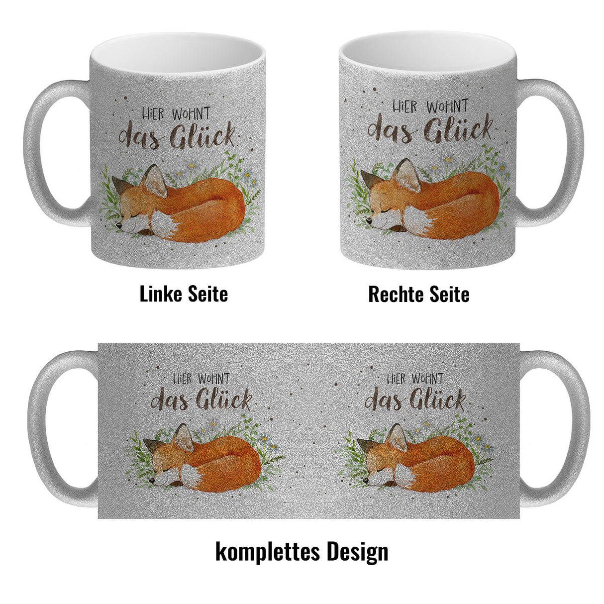 Hier wohnt das Glück Kaffeebecher mit Fuchs im Aquarell-Stil