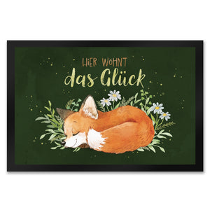 Hier wohnt das Glück Fußmatte in 35x50 cm mit Fuchs im Aquarell-Stil
