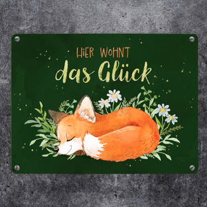 Fuchs Metallschild in 15x20 cm mit Spruch Hier wohnt das Glück