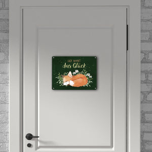 Fuchs Metallschild in 15x20 cm mit Spruch Hier wohnt das Glück